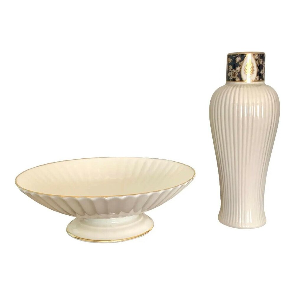 Vintage Lenox Small Bowl and Botanical Vase Gilt Porcelain Set